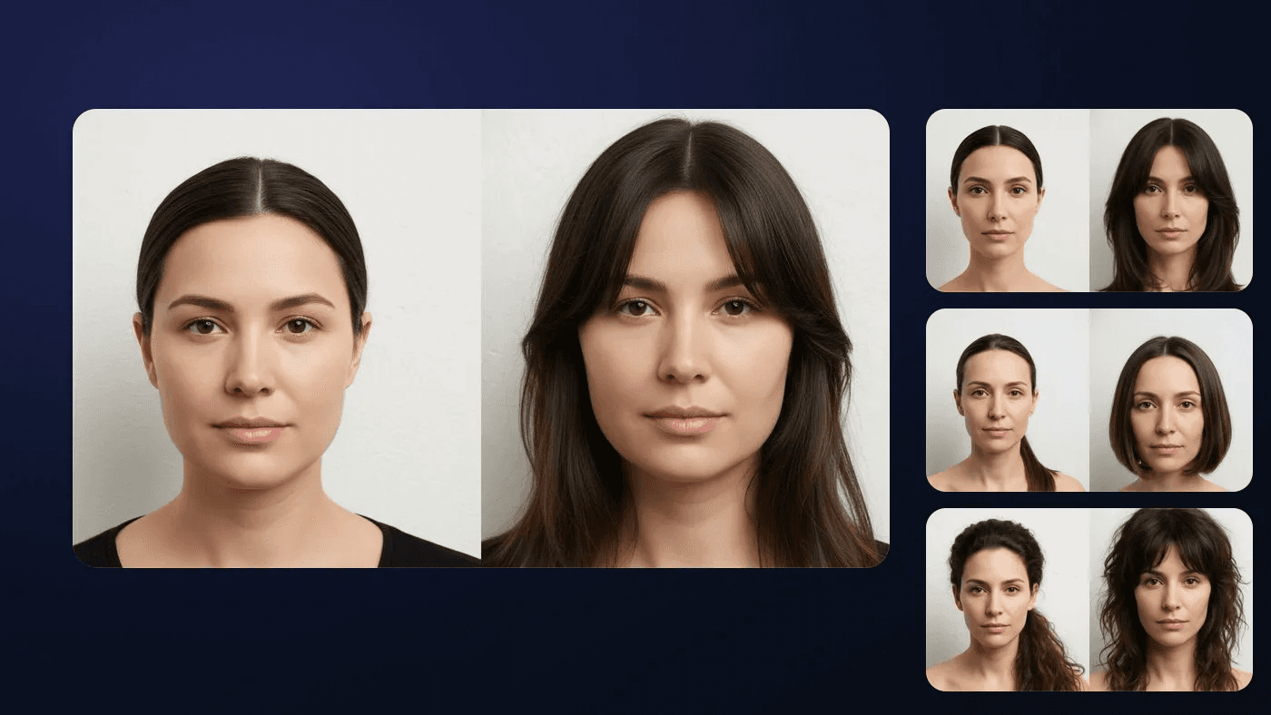 Before-and-after AI hairstyle try-on examples (promo image)