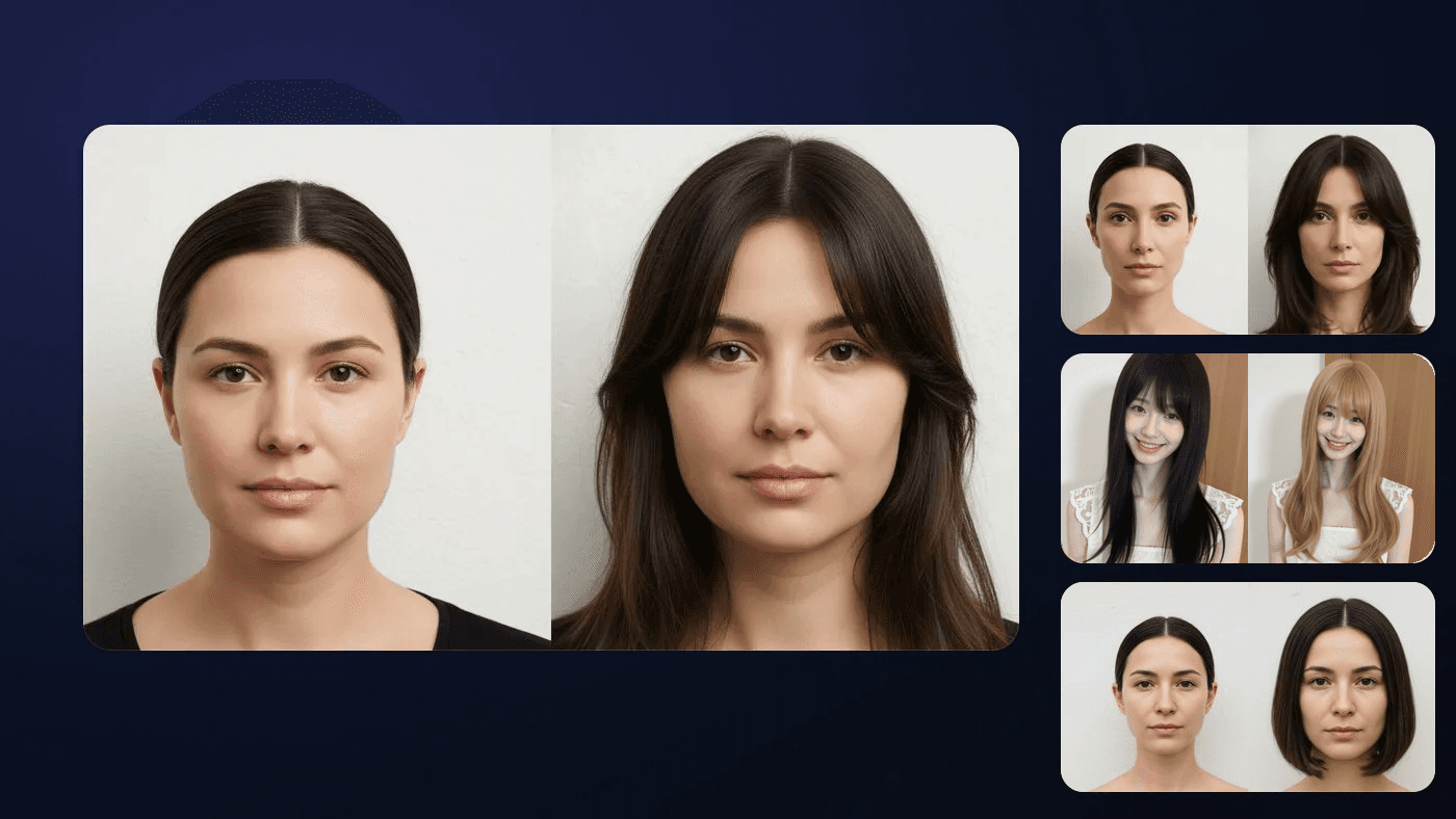 Before-and-after AI hairstyle and hair color try-on examples (promo image)